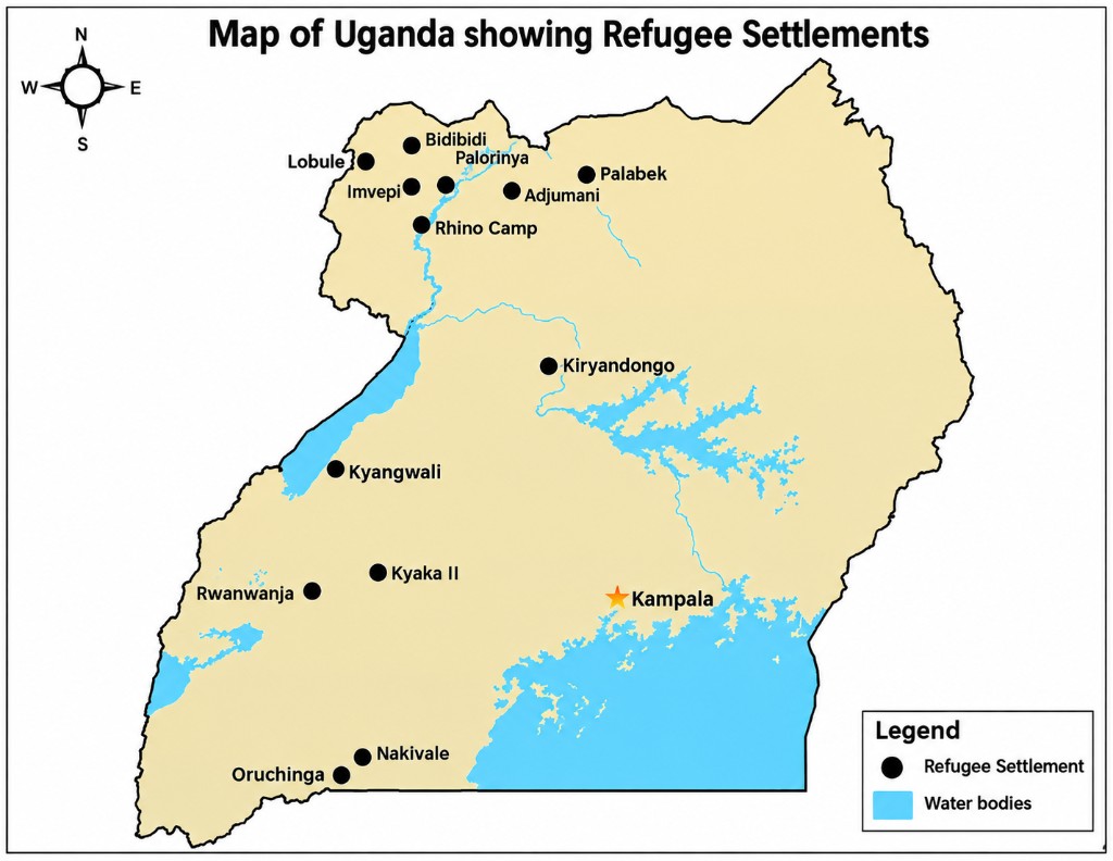 Map of Uganda showing refugee settlements